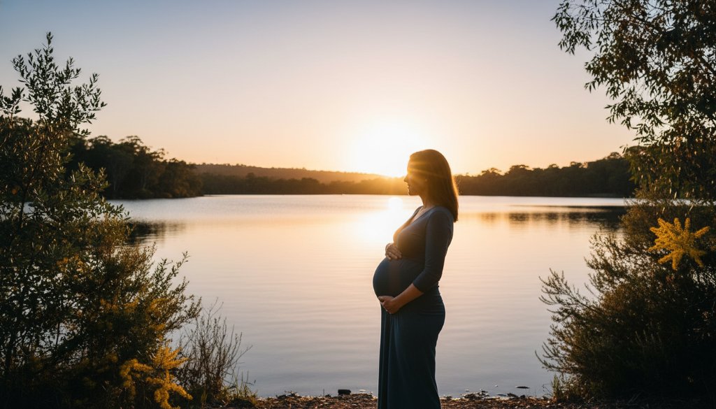 A radiant expectant mother, silhouetted by the Lysterfield maternity photoshoot golden hour glow, standing gracefully amidst the serene landscape, capturing an epic moment of natural beauty and anticipation.