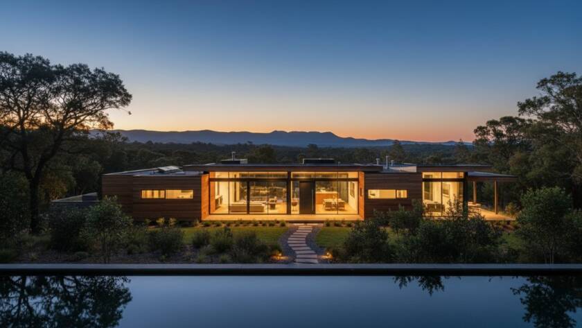 An epic moment captured: A stunning twilight shot of a contemporary home in Lysterfield, Victoria, showcasing its sleek lines and warm interior lighting, expertly photographed to highlight its Lysterfield Modern Architectural Photography Services appeal, with a dramatic, deep blue sky and crisp reflections.
