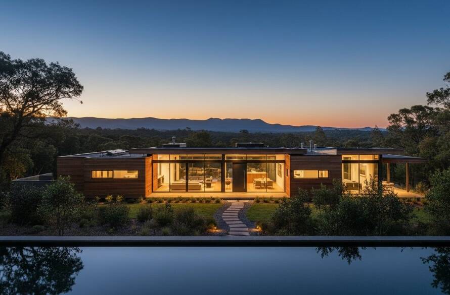 An epic moment captured: A stunning twilight shot of a contemporary home in Lysterfield, Victoria, showcasing its sleek lines and warm interior lighting, expertly photographed to highlight its Lysterfield Modern Architectural Photography Services appeal, with a dramatic, deep blue sky and crisp reflections.