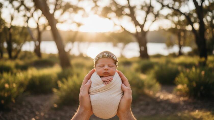 A heartwarming, professionally colour-graded photograph showing Lysterfield natural newborn photography outdoor moments, with parents gently cradling their swaddled baby amidst the soft, golden light of a Lysterfield park at sunrise, evoking a serene and protective family bond.