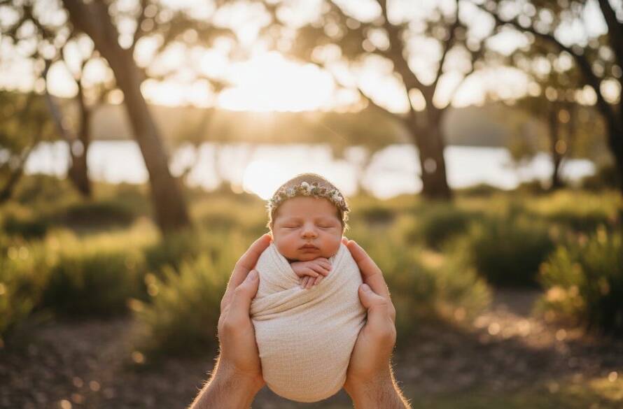 A heartwarming, professionally colour-graded photograph showing Lysterfield natural newborn photography outdoor moments, with parents gently cradling their swaddled baby amidst the soft, golden light of a Lysterfield park at sunrise, evoking a serene and protective family bond.