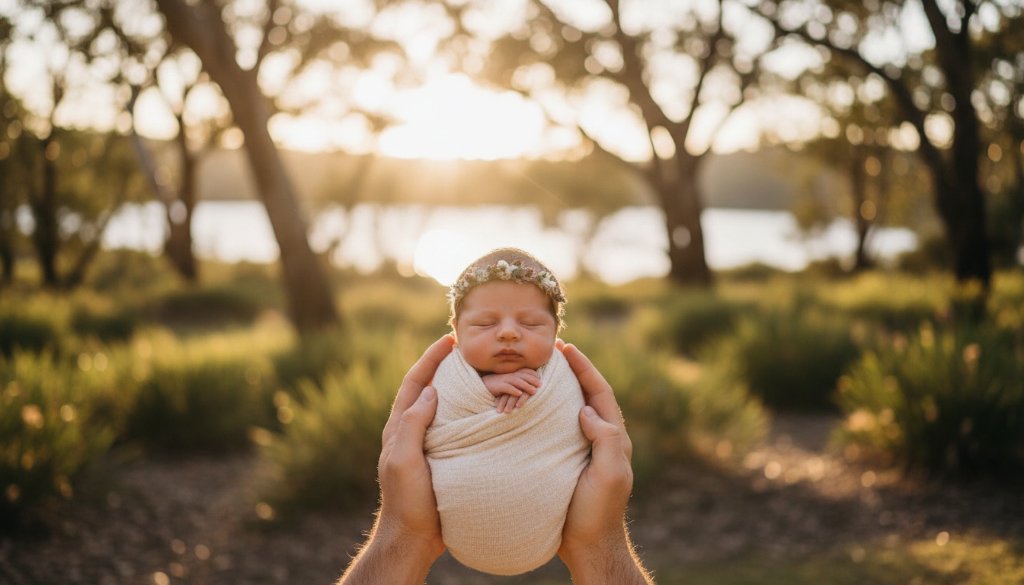 A heartwarming, professionally colour-graded photograph showing Lysterfield natural newborn photography outdoor moments, with parents gently cradling their swaddled baby amidst the soft, golden light of a Lysterfield park at sunrise, evoking a serene and protective family bond.