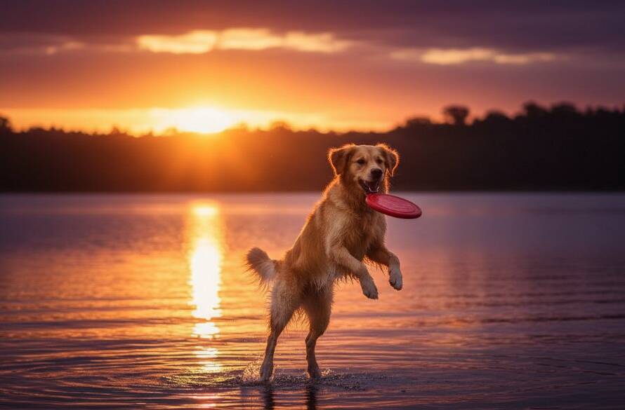 A majestic golden retriever leaping for a frisbee at sunset over Lysterfield Lake, capturing Lysterfield pet photography genuine joy with cinematic lighting and a vibrant natural backdrop.