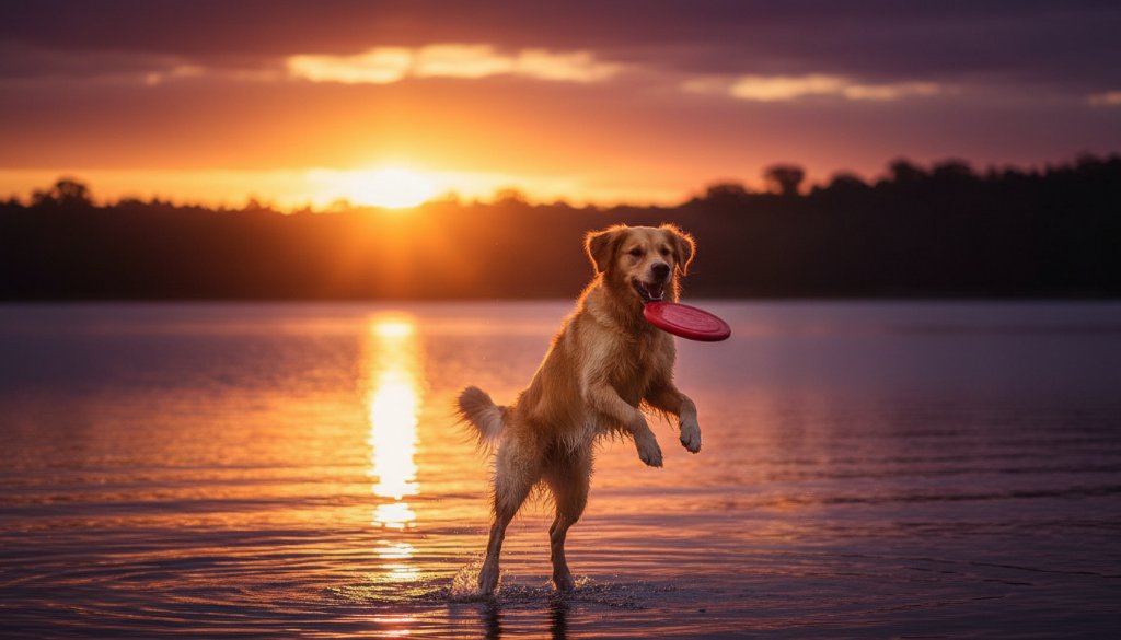 A majestic golden retriever leaping for a frisbee at sunset over Lysterfield Lake, capturing Lysterfield pet photography genuine joy with cinematic lighting and a vibrant natural backdrop.