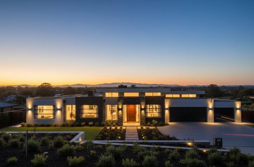 An epic, dusk shot of a modern Lysterfield home, bathed in warm interior lights, showcasing meticulous landscaping and the distant Dandenong Ranges, captured with Lysterfield Premium Real Estate Photography for Home Sellers expertise, evoking aspirational living.