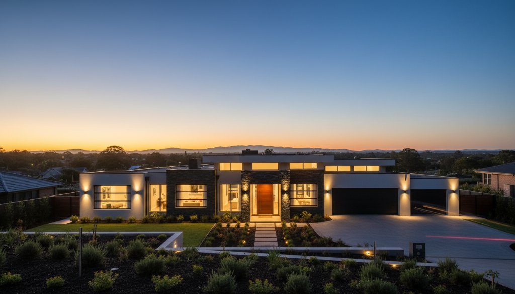 An epic, dusk shot of a modern Lysterfield home, bathed in warm interior lights, showcasing meticulous landscaping and the distant Dandenong Ranges, captured with Lysterfield Premium Real Estate Photography for Home Sellers expertise, evoking aspirational living.