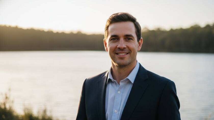 A confident professional in Lysterfield is captured in a dynamic outdoor professional headshot for authentic career branding, framed by the natural beauty of Lysterfield Lake at golden hour, with a warm, empowering glow.