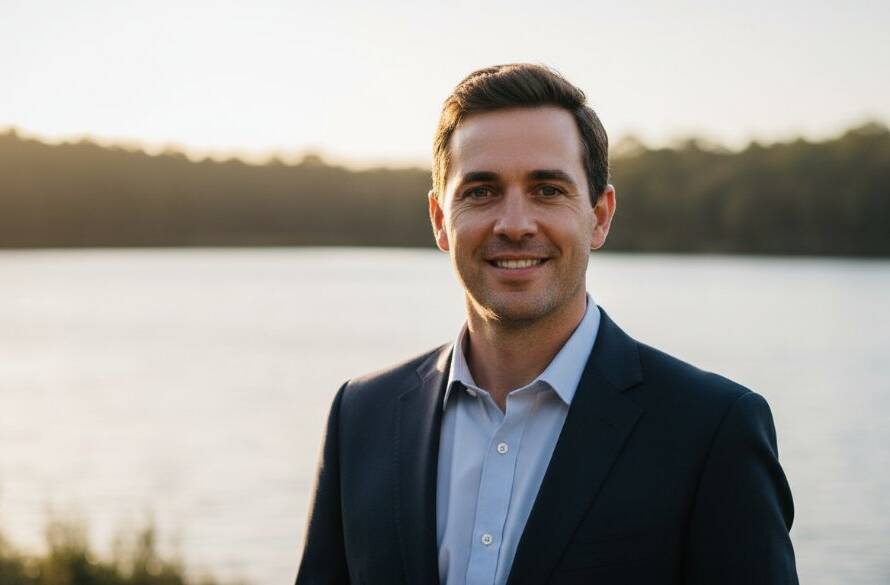 A confident professional in Lysterfield is captured in a dynamic outdoor professional headshot for authentic career branding, framed by the natural beauty of Lysterfield Lake at golden hour, with a warm, empowering glow.