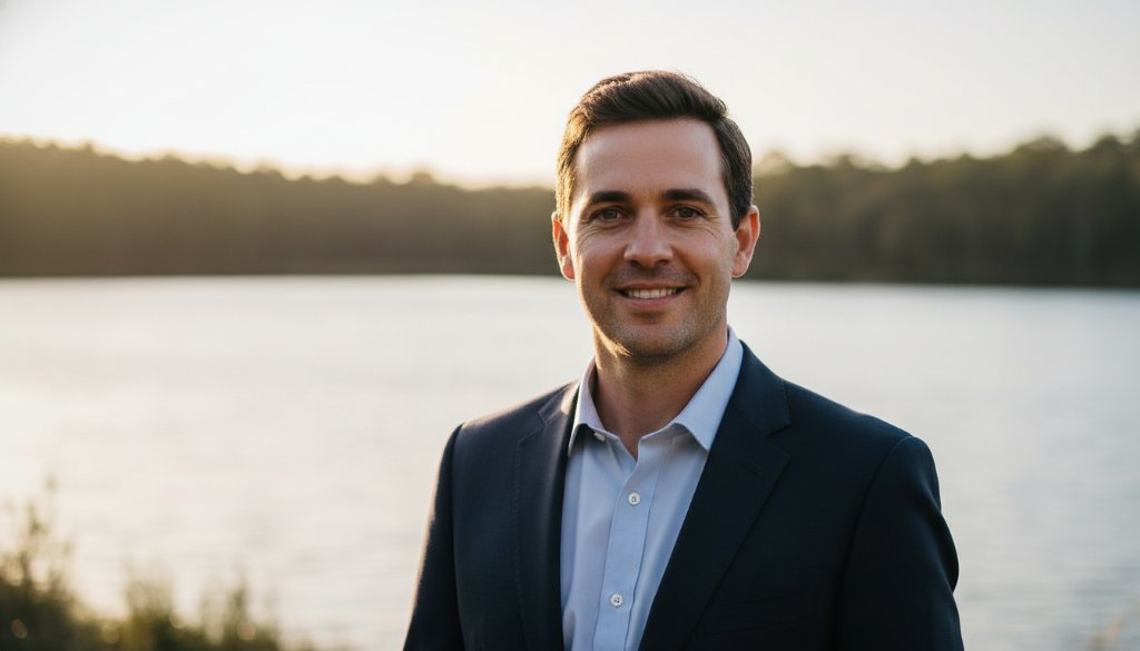 A confident professional in Lysterfield is captured in a dynamic outdoor professional headshot for authentic career branding, framed by the natural beauty of Lysterfield Lake at golden hour, with a warm, empowering glow.