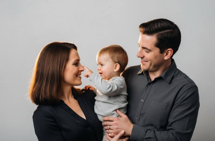 An epic moment captured in Lysterfield professional studio portraits, showing a beaming family, parents laughing as their toddler playfully tugs on a parent's ear, bathed in warm, soft studio light, creating a timeless, joyful memory.