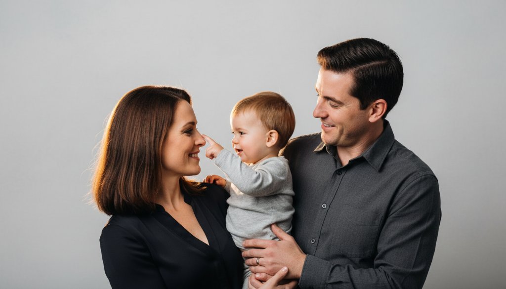 An epic moment captured in Lysterfield professional studio portraits, showing a beaming family, parents laughing as their toddler playfully tugs on a parent's ear, bathed in warm, soft studio light, creating a timeless, joyful memory.