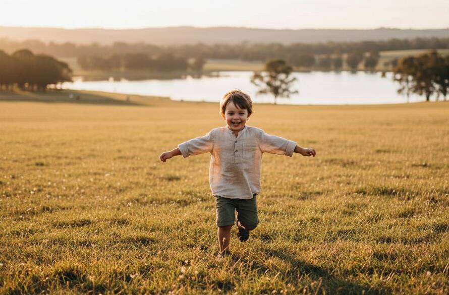 A vibrant, professionally color-graded photograph capturing an epic moment of a child laughing joyously while running through a sun-dappled field at Lysterfield Lake Park, showcasing Lysterfield vibrant kids outdoor photography natural moments.