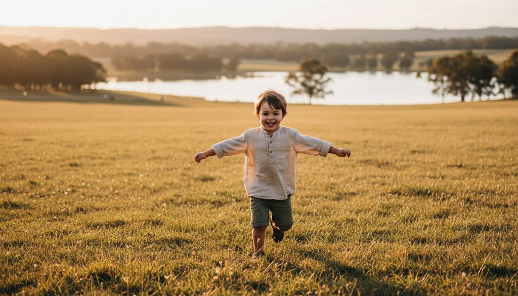 A vibrant, professionally color-graded photograph capturing an epic moment of a child laughing joyously while running through a sun-dappled field at Lysterfield Lake Park, showcasing Lysterfield vibrant kids outdoor photography natural moments.