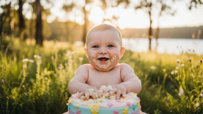 An epic moment of pure joy as a baby giggles, covered in cake, during a Lysterfield Victoria Cake Smash Photo Session Joy, with soft golden hour light filtering through eucalyptus trees in the background, captured in a professional, cinematic style.