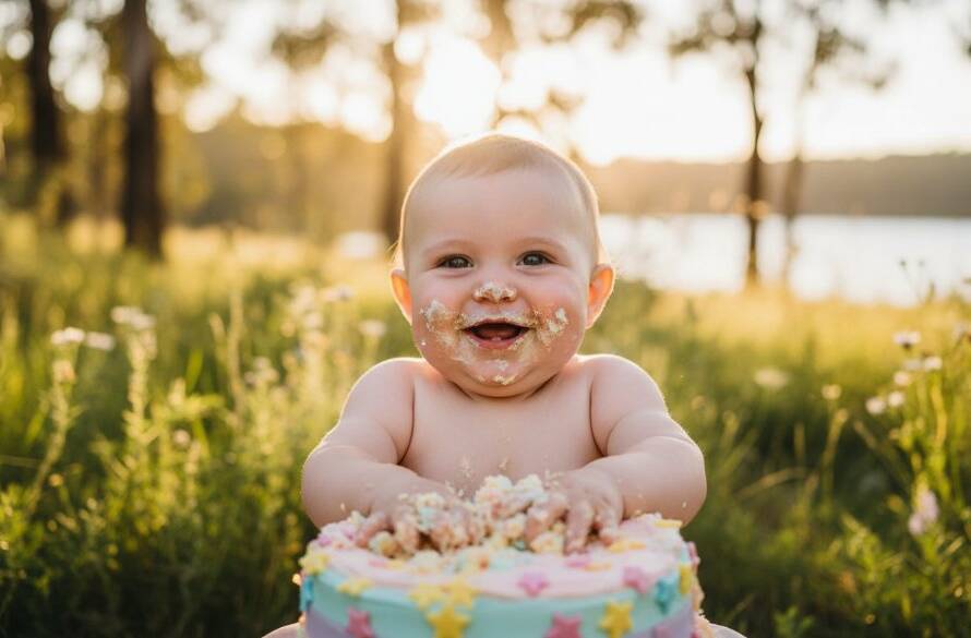 An epic moment of pure joy as a baby giggles, covered in cake, during a Lysterfield Victoria Cake Smash Photo Session Joy, with soft golden hour light filtering through eucalyptus trees in the background, captured in a professional, cinematic style.