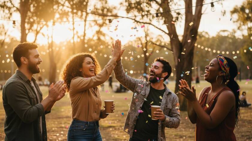 An epic moment of genuine joy captured by Lysterfield Victoria event photography, showing guests laughing heartily under string lights at a vibrant outdoor community event in Lysterfield Lake Park, with a warm, cinematic glow.