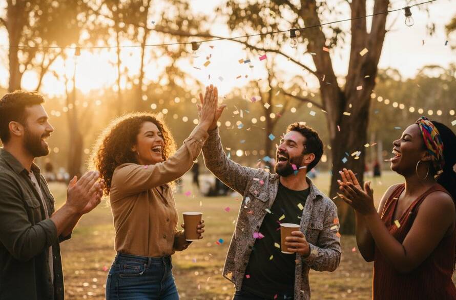 An epic moment of genuine joy captured by Lysterfield Victoria event photography, showing guests laughing heartily under string lights at a vibrant outdoor community event in Lysterfield Lake Park, with a warm, cinematic glow.
