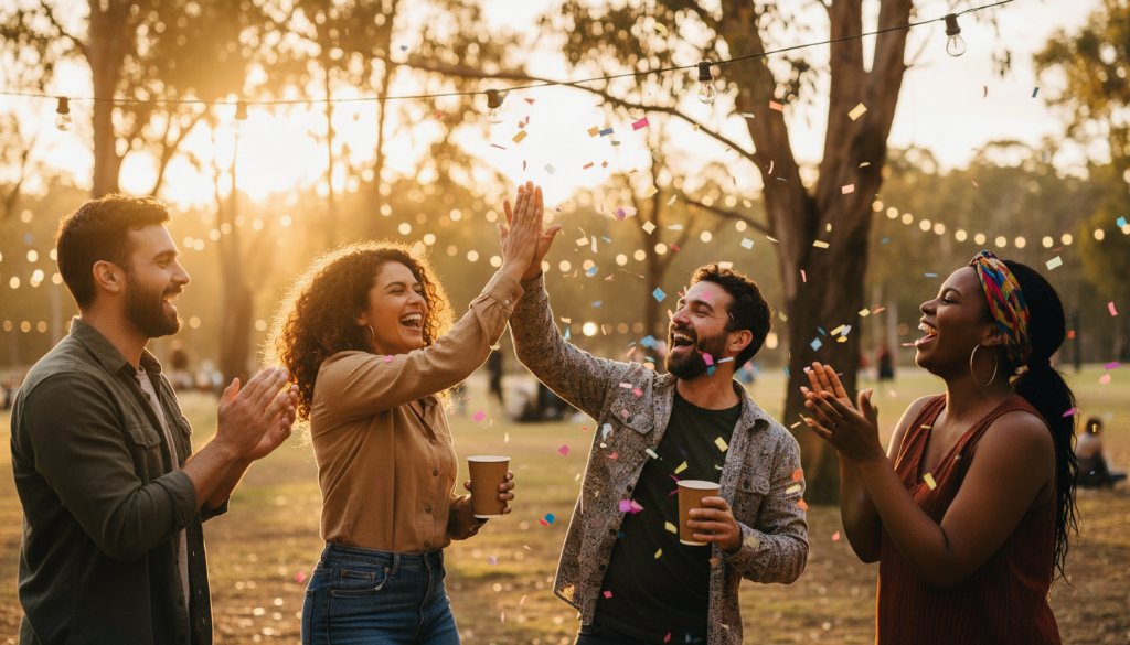 An epic moment of genuine joy captured by Lysterfield Victoria event photography, showing guests laughing heartily under string lights at a vibrant outdoor community event in Lysterfield Lake Park, with a warm, cinematic glow.