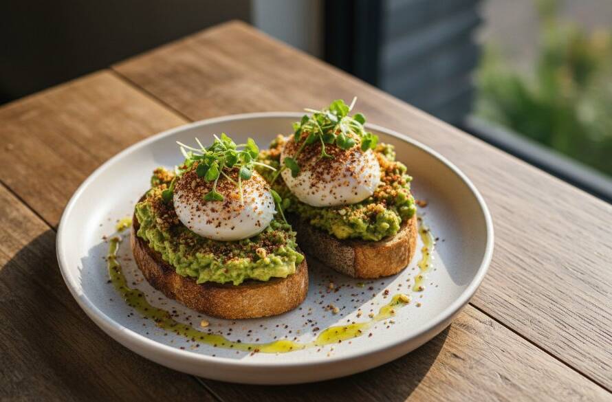 A dramatic, professionally lit overhead shot of a perfectly plated brunch dish, with steam subtly rising, capturing the essence of Lysterfield Victoria food photography for local cafes, set against a rustic wooden table with morning light streaming in.