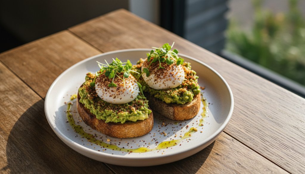 A dramatic, professionally lit overhead shot of a perfectly plated brunch dish, with steam subtly rising, capturing the essence of Lysterfield Victoria food photography for local cafes, set against a rustic wooden table with morning light streaming in.