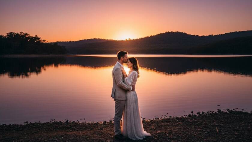 An epic moment of a newlywed couple sharing a tender, candid kiss against the breathtaking backdrop of Lysterfield Lake at sunset, showcasing the beauty of Lysterfield wedding photography candid moments captured professionally.