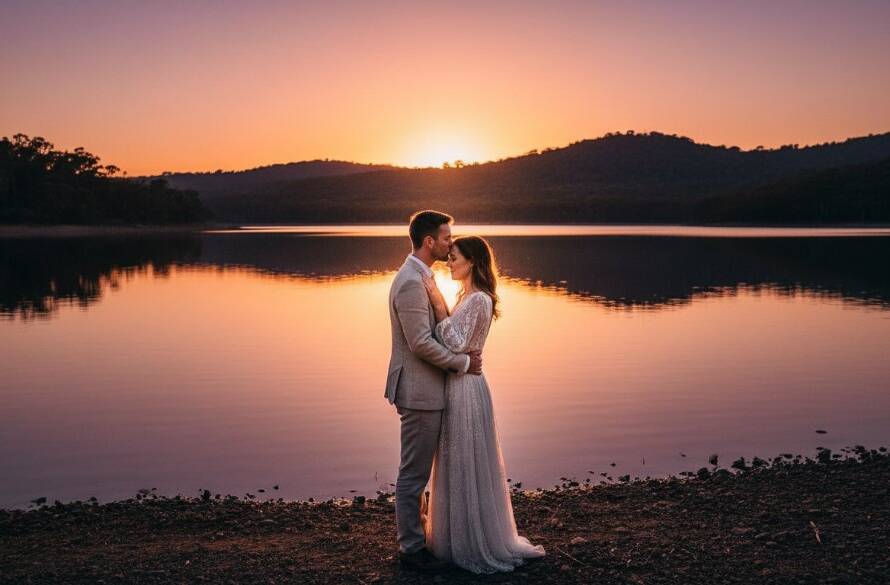 An epic moment of a newlywed couple sharing a tender, candid kiss against the breathtaking backdrop of Lysterfield Lake at sunset, showcasing the beauty of Lysterfield wedding photography candid moments captured professionally.
