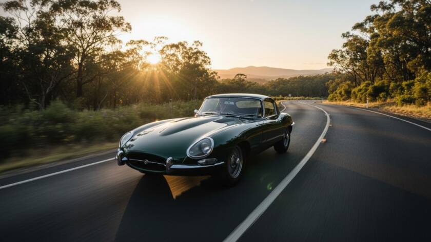 Dynamic long exposure shot of a sleek vintage sports car speeding along a winding road in Lysterfield's scenic drive automotive photography, capturing motion blur and stunning Victorian sunset colours.
