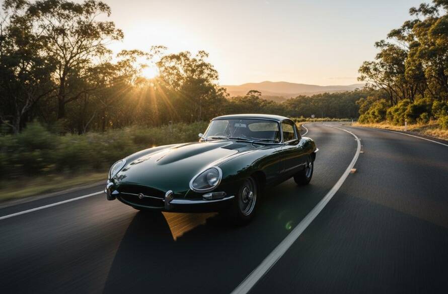 Dynamic long exposure shot of a sleek vintage sports car speeding along a winding road in Lysterfield's scenic drive automotive photography, capturing motion blur and stunning Victorian sunset colours.