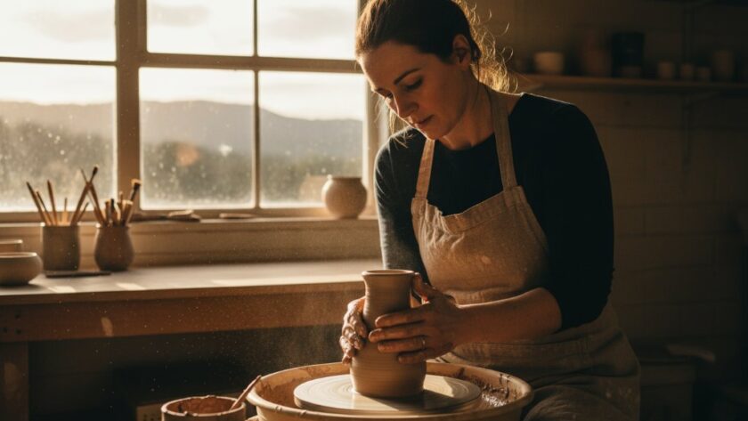 An epic moment of a local Macedon artisan meticulously crafting bespoke pottery in their sun-drenched studio, captured with dramatic lighting and professional colour grading, perfectly representing Macedon editorial photography for local businesses.