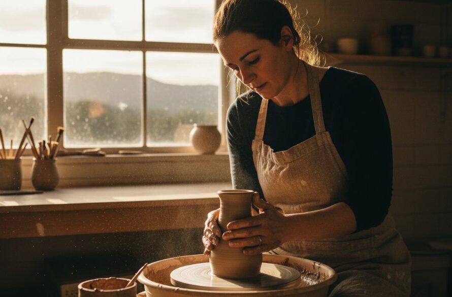 An epic moment of a local Macedon artisan meticulously crafting bespoke pottery in their sun-drenched studio, captured with dramatic lighting and professional colour grading, perfectly representing Macedon editorial photography for local businesses.