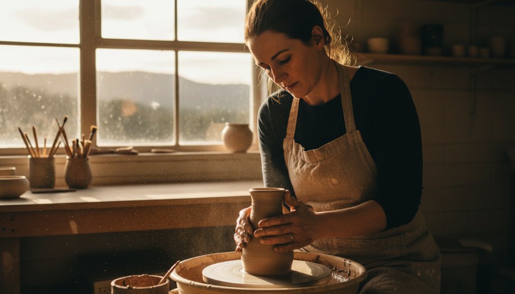 An epic moment of a local Macedon artisan meticulously crafting bespoke pottery in their sun-drenched studio, captured with dramatic lighting and professional colour grading, perfectly representing Macedon editorial photography for local businesses.