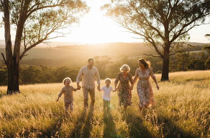 An epic moment captured in Macedon family outdoor portrait photography: A family laughing joyfully amidst the golden hour light of Mount Macedon, showcasing their genuine connection.