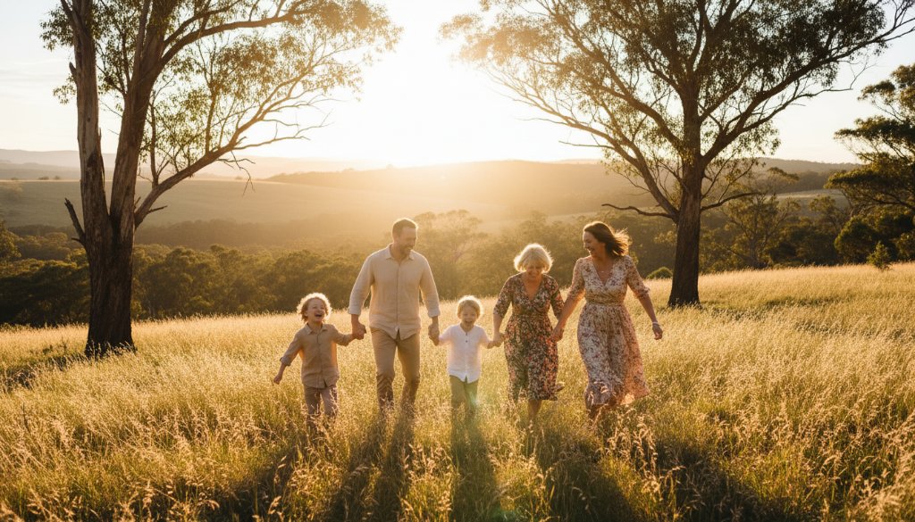 An epic moment captured in Macedon family outdoor portrait photography: A family laughing joyfully amidst the golden hour light of Mount Macedon, showcasing their genuine connection.