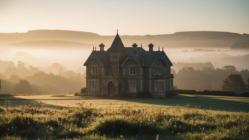 A dramatic wide-angle shot of a majestic bluestone heritage building in Macedon, bathed in the golden light of dawn, showcasing its intricate architectural details. This image represents premium Macedon historic architecture photography services, capturing the timeless beauty of local landmarks.