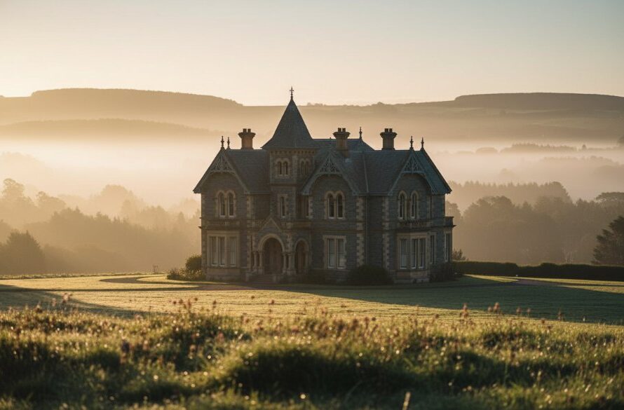 A dramatic wide-angle shot of a majestic bluestone heritage building in Macedon, bathed in the golden light of dawn, showcasing its intricate architectural details. This image represents premium Macedon historic architecture photography services, capturing the timeless beauty of local landmarks.
