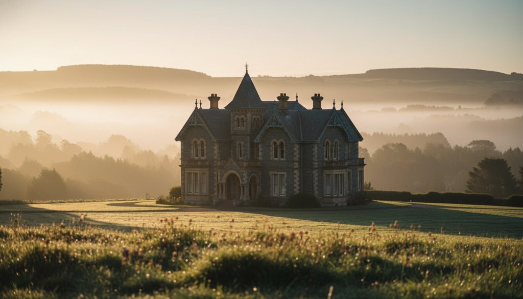 A dramatic wide-angle shot of a majestic bluestone heritage building in Macedon, bathed in the golden light of dawn, showcasing its intricate architectural details. This image represents premium Macedon historic architecture photography services, capturing the timeless beauty of local landmarks.