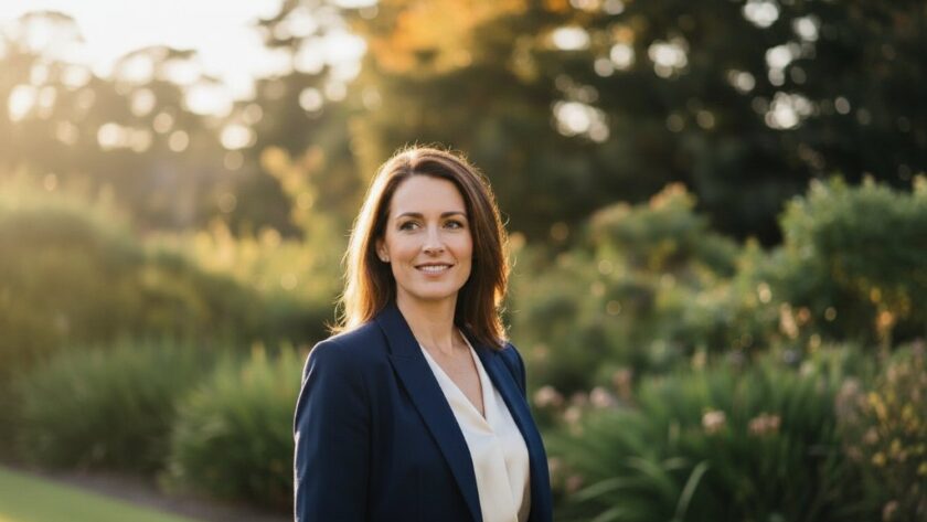 Dramatic, cinematic portrait of a confident female entrepreneur standing on a sun-dappled path in a lush Macedon garden, a subtle glow highlighting her strong profile. She is looking directly at the camera with a determined yet approachable expression, symbolizing the essence of Macedon professional headshots for local leaders. Professional photography, sharp focus on the subject, soft background blur, warm natural light filtering through trees, golden hour mood, professional colour grading.