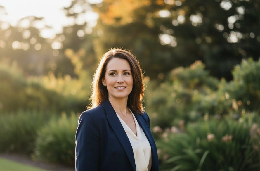 Dramatic, cinematic portrait of a confident female entrepreneur standing on a sun-dappled path in a lush Macedon garden, a subtle glow highlighting her strong profile. She is looking directly at the camera with a determined yet approachable expression, symbolizing the essence of Macedon professional headshots for local leaders. Professional photography, sharp focus on the subject, soft background blur, warm natural light filtering through trees, golden hour mood, professional colour grading.