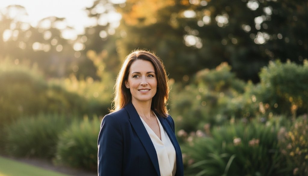 Dramatic, cinematic portrait of a confident female entrepreneur standing on a sun-dappled path in a lush Macedon garden, a subtle glow highlighting her strong profile. She is looking directly at the camera with a determined yet approachable expression, symbolizing the essence of Macedon professional headshots for local leaders. Professional photography, sharp focus on the subject, soft background blur, warm natural light filtering through trees, golden hour mood, professional colour grading.