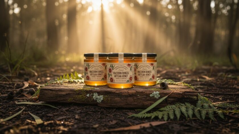 A beautifully composed flat lay showcasing handcrafted pottery from the Macedon Ranges, bathed in soft, natural light filtering through gum leaves, evoking the charm of local artisan product photography for local brands, with a focus on rich textures and earthy tones.