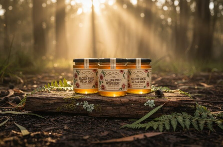 A beautifully composed flat lay showcasing handcrafted pottery from the Macedon Ranges, bathed in soft, natural light filtering through gum leaves, evoking the charm of local artisan product photography for local brands, with a focus on rich textures and earthy tones.