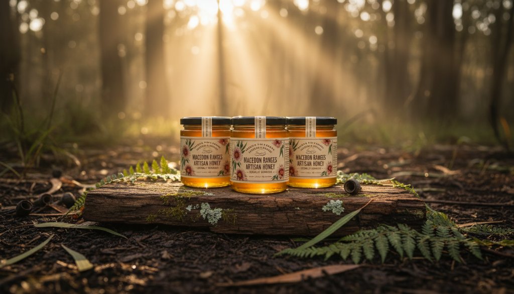 A beautifully composed flat lay showcasing handcrafted pottery from the Macedon Ranges, bathed in soft, natural light filtering through gum leaves, evoking the charm of local artisan product photography for local brands, with a focus on rich textures and earthy tones.
