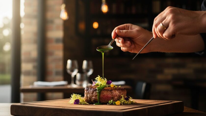 An intimate, dramatically lit close-up of a chef's hands delicately drizzling olive oil over a plate of freshly prepared local produce from the Macedon Ranges, showcasing the exquisite detail for Macedon Ranges artisanal food photography.