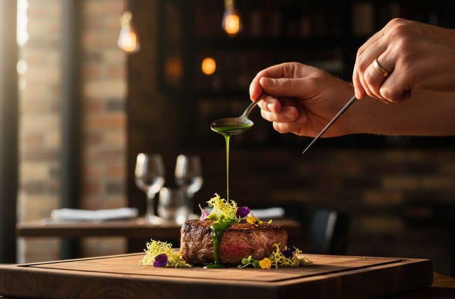 An intimate, dramatically lit close-up of a chef's hands delicately drizzling olive oil over a plate of freshly prepared local produce from the Macedon Ranges, showcasing the exquisite detail for Macedon Ranges artisanal food photography.