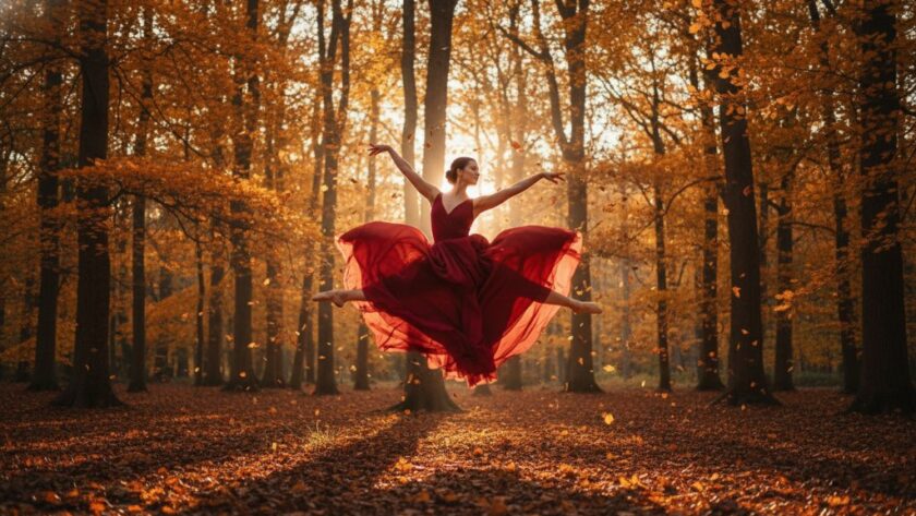 A prima ballerina in a flowing white tutu performs an elegant arabesque amidst the golden autumn leaves of a tranquil Macedon Ranges forest, captured in a dramatic, emotionally resonant photograph showcasing Macedon Ranges ballet photography unique outdoor settings.