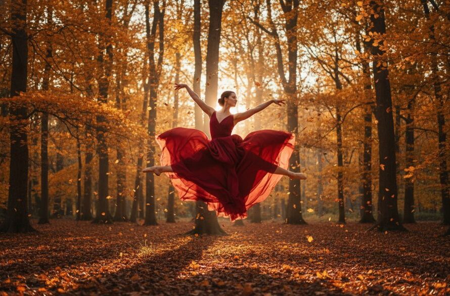 A prima ballerina in a flowing white tutu performs an elegant arabesque amidst the golden autumn leaves of a tranquil Macedon Ranges forest, captured in a dramatic, emotionally resonant photograph showcasing Macedon Ranges ballet photography unique outdoor settings.