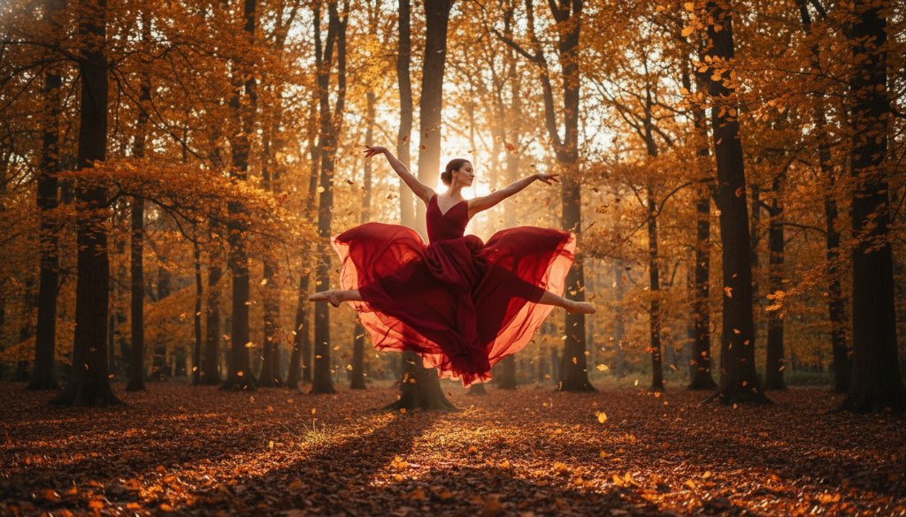 A prima ballerina in a flowing white tutu performs an elegant arabesque amidst the golden autumn leaves of a tranquil Macedon Ranges forest, captured in a dramatic, emotionally resonant photograph showcasing Macedon Ranges ballet photography unique outdoor settings.
