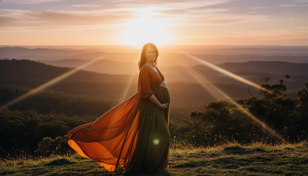 A glowing expectant mother, silhouetted against a dramatic sunset over the rolling hills of the Macedon Ranges, lovingly cradles her baby bump in a stunning scene capturing Macedon Ranges bespoke maternity portraits with cinematic light.