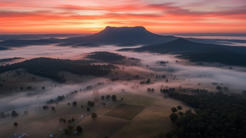 An epic moment photograph captured by Macedon Ranges drone photography for breathtaking aerial views, showing a vibrant sunrise over the Macedon Ranges, with a majestic Mount Macedon shrouded in a mystical mist, and the tranquil rural landscape stretching towards the horizon, bathed in golden light from a low sun.