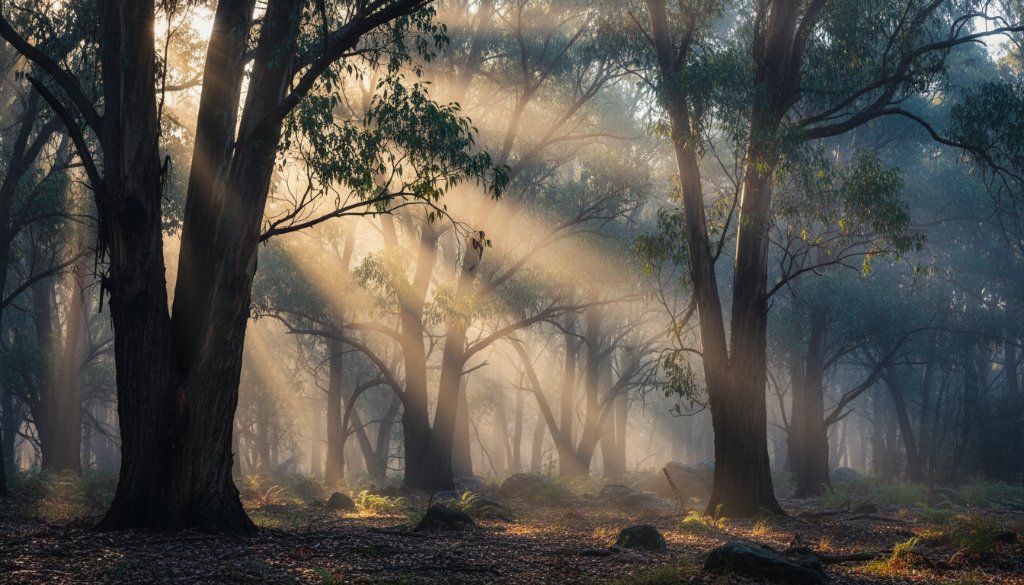 A breathtaking 'Macedon Ranges fine art nature photography ethereal moments' capture, featuring morning mist swirling around ancient gum trees on Mount Macedon, bathed in dramatic golden hour light, evoking a sense of ancient magic and serene beauty.